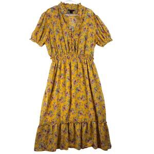 Stella & Julie Tiered Maxi Dress Women's 18W Yellow Antique Floral AOP Sheer